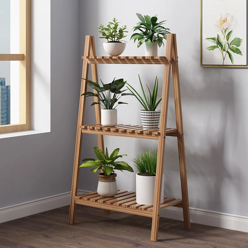 

Floor Type 3-Tier Storage Rack Wooden Ladder Shelf Bookcase Foldable Multifunctional Plant Flower Display Stand Plant Stand