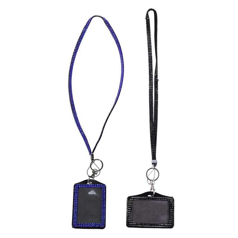

2 Pcs Rhinestone Bling Crystal Custom Lanyard Vertical ID Badge Holder, Black & Dark Blue