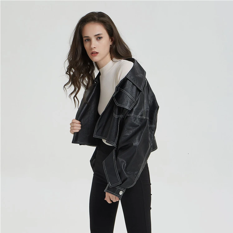 

Women Oversized Pu Leather Jackets Autumn Winter Fashion BF-Style Streetwear Outerwear Imitation Jeans Short Soft Leather Coats
