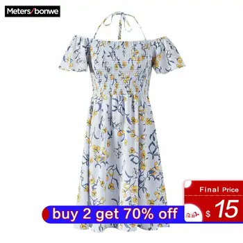 

Metersbonwe Chiffon Dress 2020 Summer Spaghetti Strap Dress Slash Neck Dress Slim Waist A-Line Dresses Female for vacation