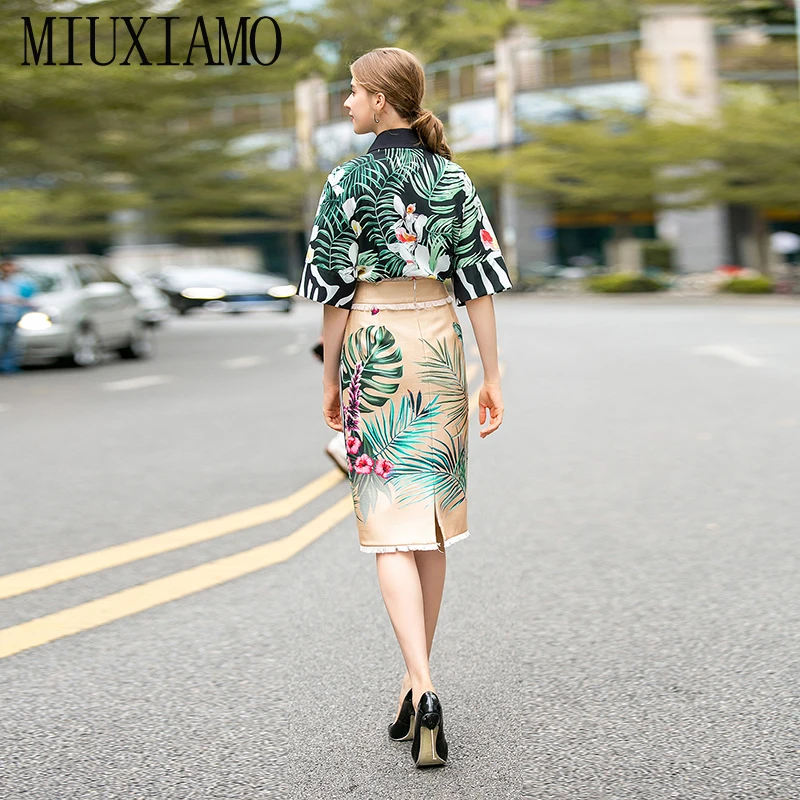 MIUXIMAO, лучшее качество,, офисный женский осенний комплект-двойка, элегантный топ с коротким рукавом, роскошный цветочный принт с зеброй, костюмы для женщин, Vestido