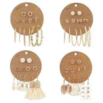 

Boho Geometry Imitation Pearl Round Gold Color Big Dangle Earrings set for Woman Simple Flower Dreamcatcher Tassel Long Earrings
