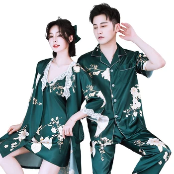 

Couple's Pajamas Nightgown Women's Suspender two Piece Set Spring Thin Men's Ice Printed Household Clothes