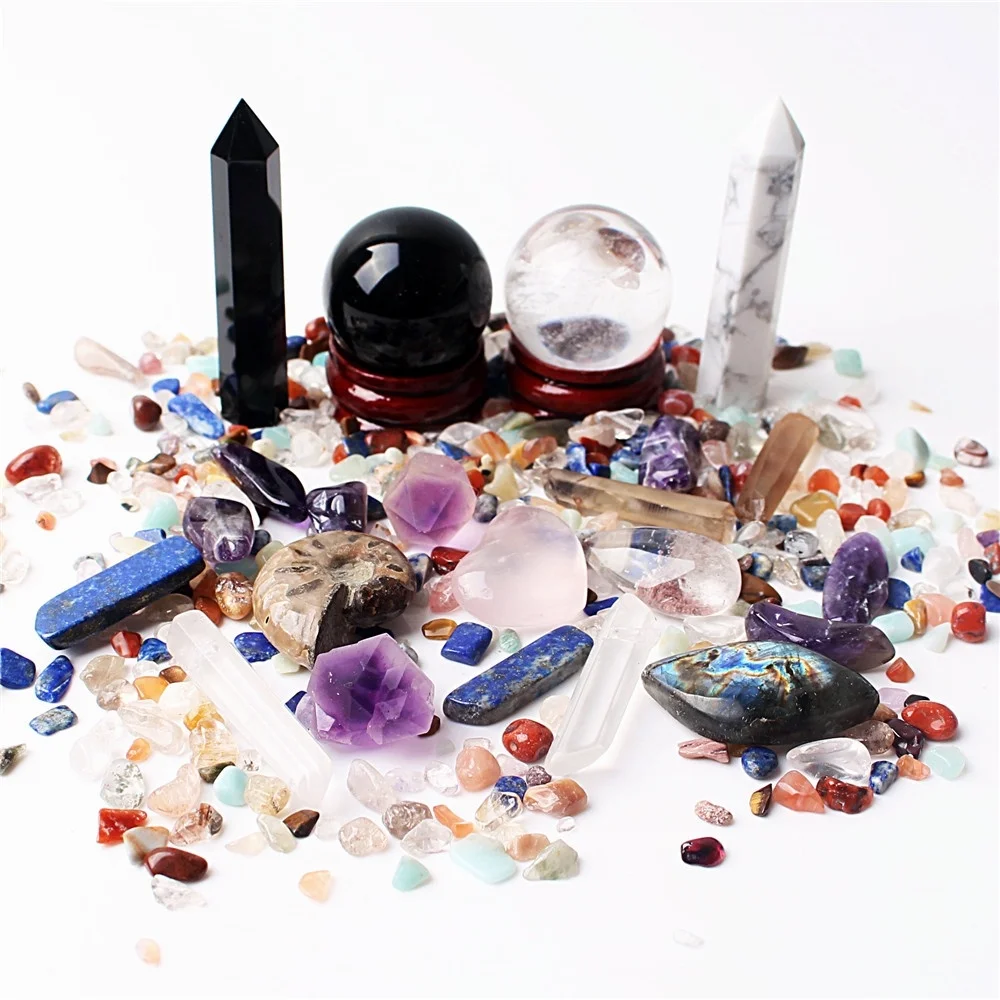 

Colorful Chakra Quartz Crystal Obelisk&Ball&Gravel Mineral Specimens Healing Gems with a pouch
