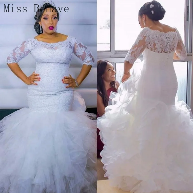 

DD JYOY Africa Plus Size Wedding Dress with Long Train Elegant Half Sleeve Button Back Lace Bridal Gown