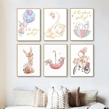 

Watercolor Bunny Canvas Posters Pictures Cture Rabbit Swan Print Painting Nordic Girl Nursery Wall Art Picture Baby Room Decor