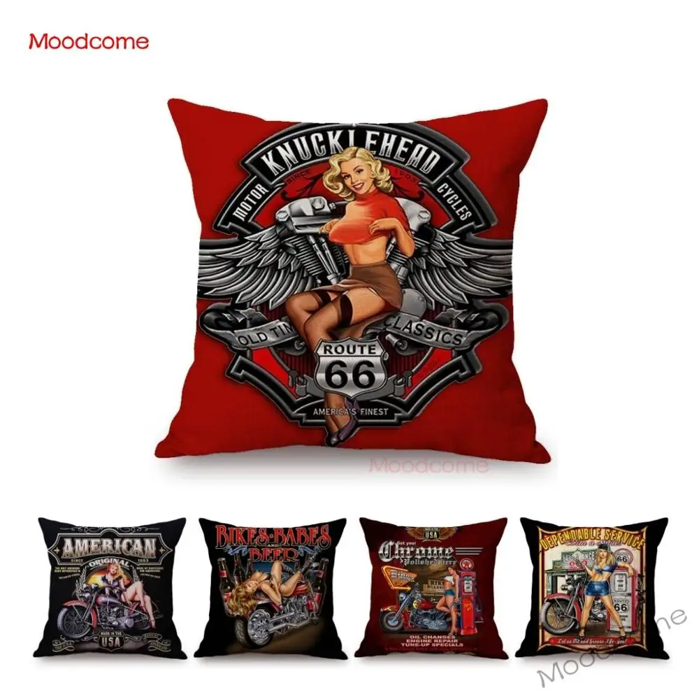 

Chopper Girl Vintage Sexy Motorcycle Girls Poster Art Decor Throw Pillow Case Car Pillows Retro Motorbike Biker Cushion Cover