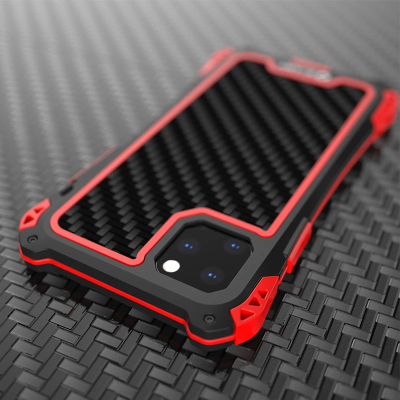 Противоударный чехол R-just для Apple iPhone 11/Pro/Max, Жесткий Наружный защитный элемент из углеродного волокна, силиконовый и металлический чехол