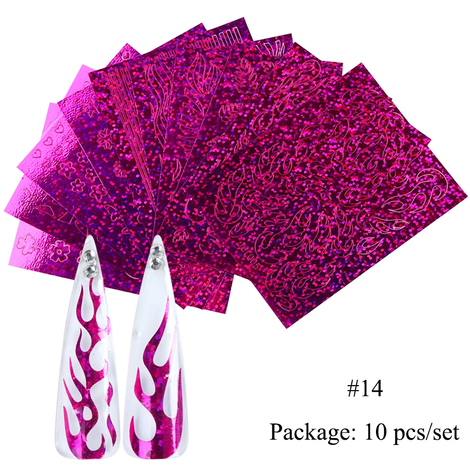 10pcs Holographic Nail Foil Flame Adhesive Nail Transfer Sticker 3D Colorful Laser Wraps Fire Design Nail Art Decoration TR1526