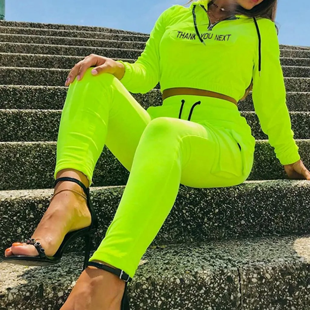 Флуоресцентный зеленый спортивный комбинезон с капюшоном для бега и йоги, комплект для женщин, спортивный костюм с буквенным принтом, спортивные Леггинсы для фитнеса, спортивная одежда A9