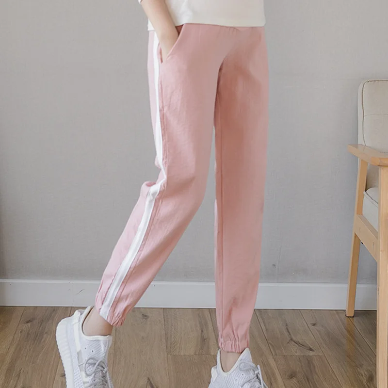 

Spring Summer Maternity Ninth High Waist Belly Thin Cotton Linen Jogger Pants Clothes for Pregnant Women Pregnancy