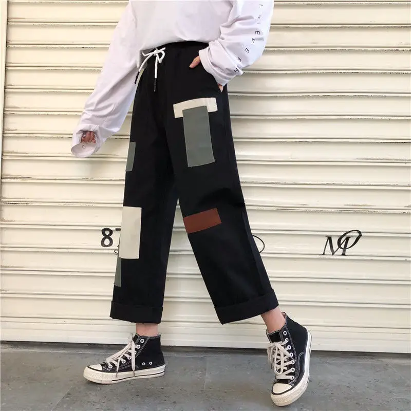 

Personality Cargo Pants High Waist patchwork color overalls straight wide leg long pants Causal Loose Streetwear trousers