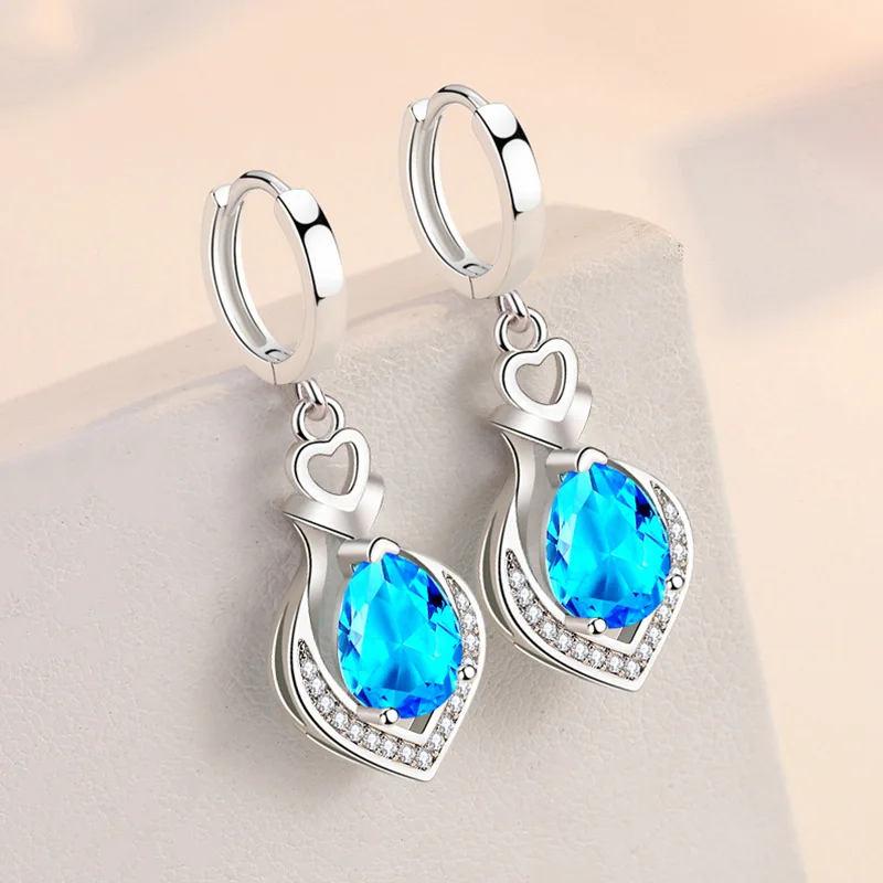 Pendientes Plata Con Circonitas Y Piedra Azul - Girbes Joyas