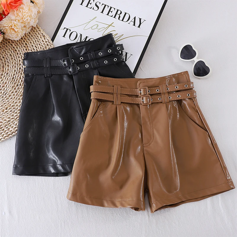 Black Khaki Color PU Leather High Waist With Double Belts Wide Leg Faux Leather Shorts Autumn Winter Loose PU Shorts