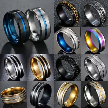 Men's Fashion 8MM Black Brushed Ladder Edge Stainless Steel Ring Blue Groove Men Wedding Ring Gifts For Men