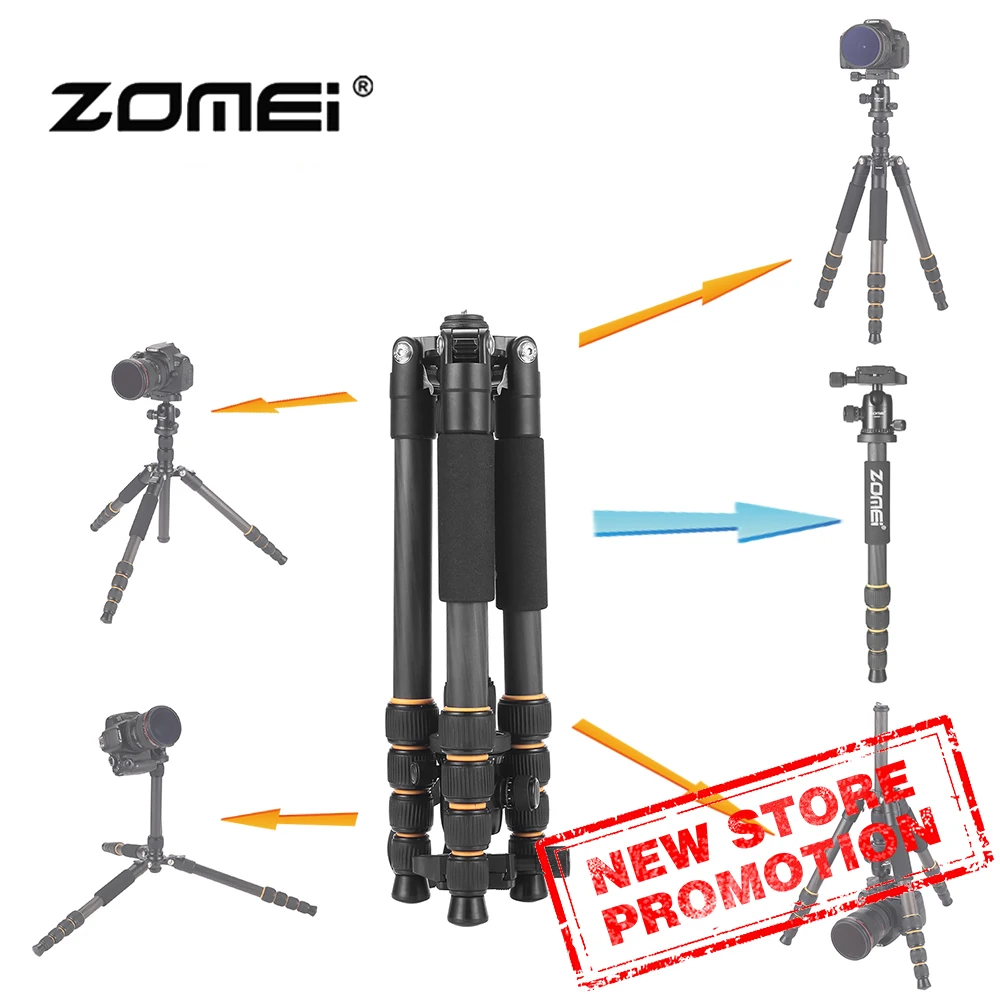 Zomei Q666C 전문 여행 휴대용 탄소 섬유 삼각대 모노 포드 및 볼 헤드 DSLR 디지털 카메라 스탠드