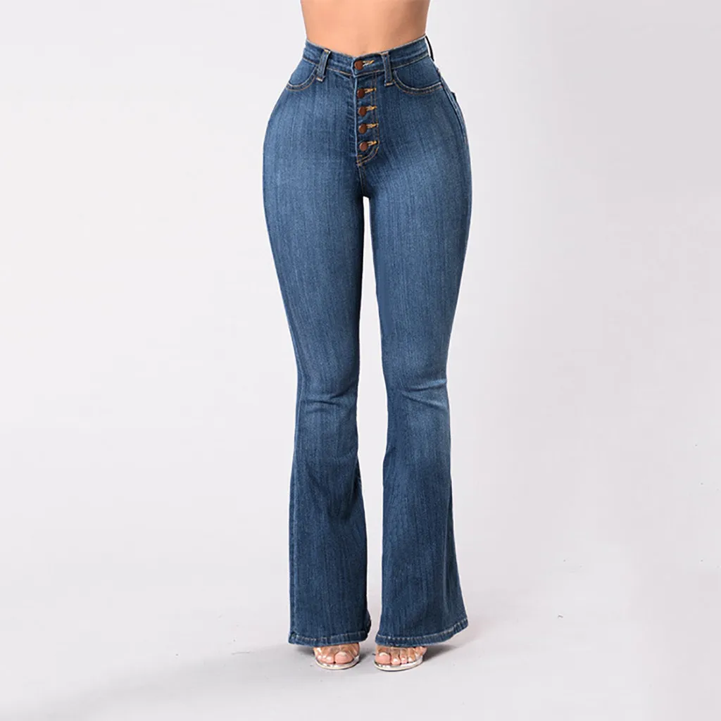 Womail, новинка, осенние джинсы, женские расклешенные штаны, средняя талия, размера плюс, с карманами, повседневные, на молнии, с пуговицами, джинсовые штаны, расклешенные джинсы, синие