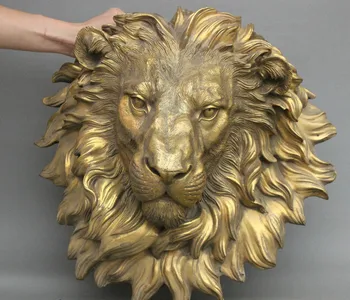 

Crafts Arts Collection Chinese Brass Copper Evil Lion Head Mask Wall Hang Family Decor Art Sculpture statues garden decoration