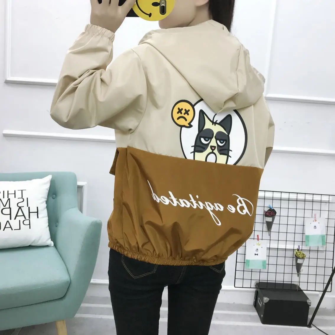 

Slimming Spring And Autumn New Style Korean-style Joint Cartoon Cat Printed Students Trench Coat Loose-Fit Hooded Cropped Jacket