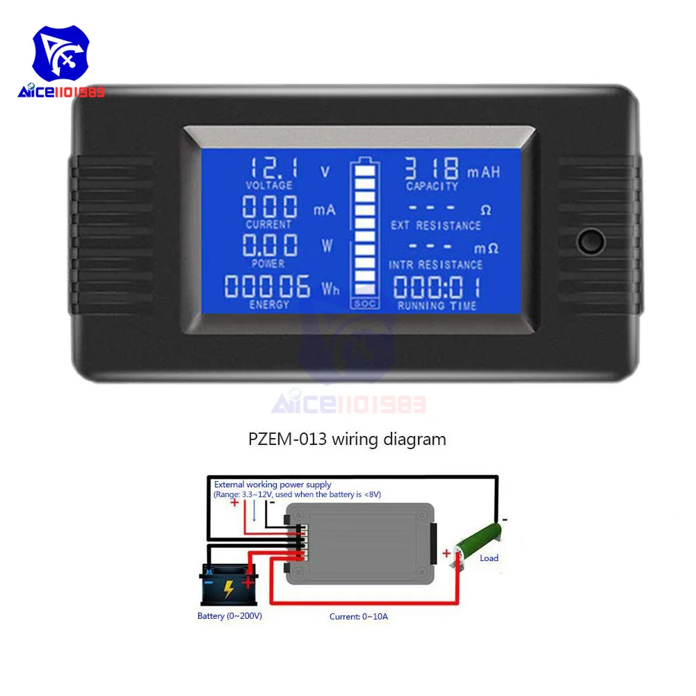 Diymore PZEM-013 10А тестер батареи постоянного тока Напряжение тока мощность Емкость внутреннего и внешнего сопротивления измеритель остаточного электричества