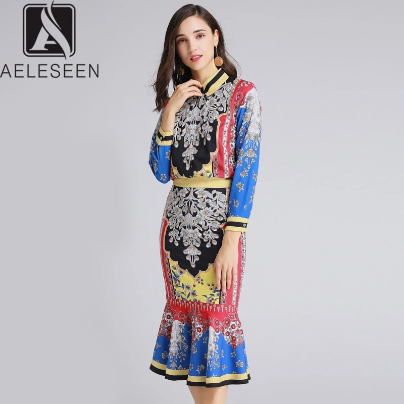 AELESEEN/, подиум, цветочный принт, комплект-двойка, Офисная Дамская однобортная блузка, топы+ элегантный классический комплект-труба, средней длины, удлиненная юбка