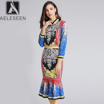 

AELESEEN 2020 Runway Floral Print Twinset Office Lady Single Breasted Blouse Tops + Elegant Classical Trumpet Mid-Calf Skirt Set