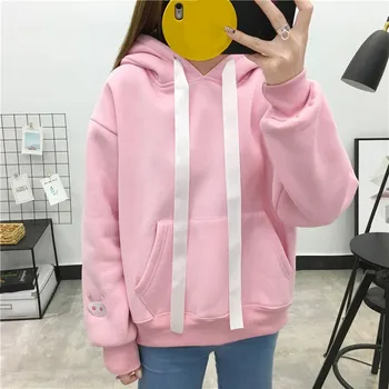 

Women Kawaii Sweet Pink Embroidery Sweatshirt Japanese Cartoon Pullover Harajuku Rabbit Print Plus Size Hoodies