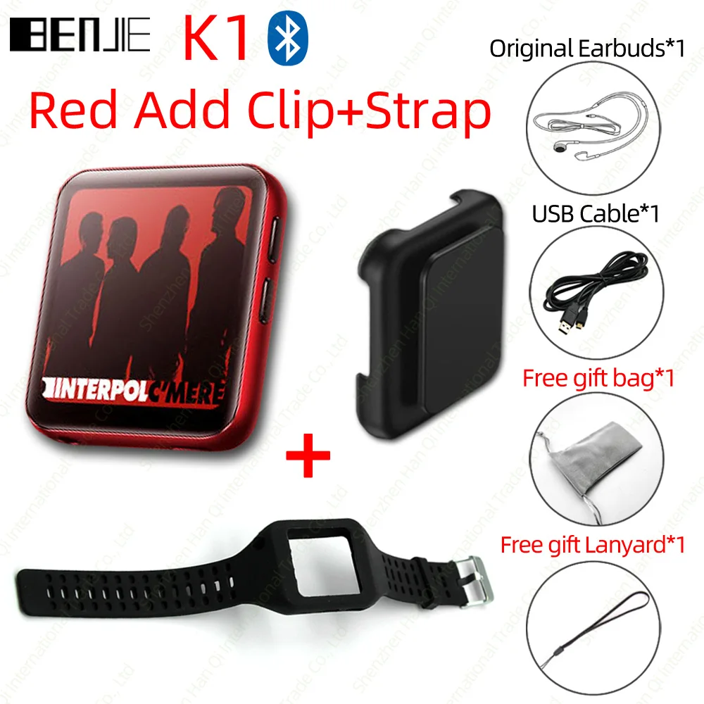 Red with Strap BENJIE K1 мини-клип MP3 полный сенсорный экран Bluetooth MP3-плеер портативный музыкальный плеер для бега с fm-радио, рекордер, электронная книга - Цвет: Red with Strap