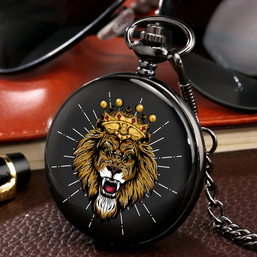 3d Tiger Crown Design Pocket Watch Black Case Quartz Customized Clock With Necklace Chain Gifts
