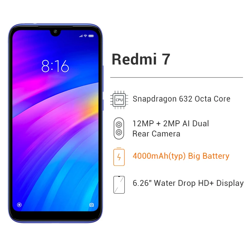 Xiaomi Redmi 7 с глобальной прошивкой, 4 ГБ, 64 ГБ, 4000 мА/ч, Восьмиядерный процессор Snapdragon 632, 12 МП, двойная камера, 6,2" 19:9, полноэкранный мобильный телефон