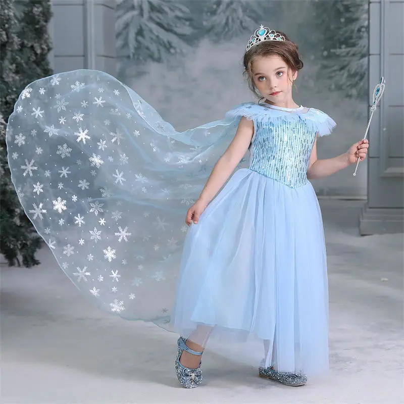 Костюм Эльзы 2 для Forzen, платье Эльзы для девочек Рождественские вечерние платья Снежной Королевы для детей, платье принцессы Авроры, Золушки, Детская накидка, туника - Цвет: Blue 7