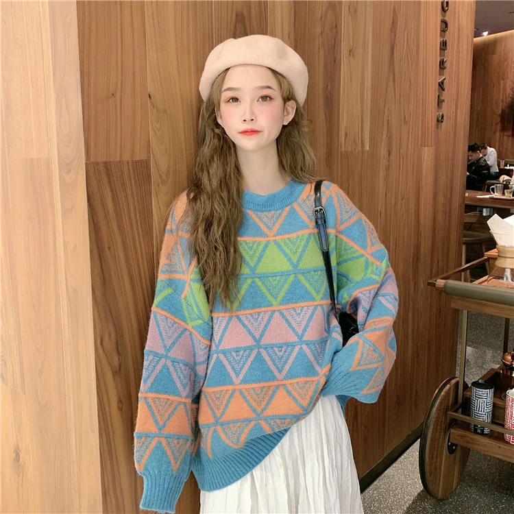 Harajuku лоскутный женский синий свитер с круглым вырезом, новые свободные Весенние женские пуловеры, топы с зелеными рукавами orangelong для осени
