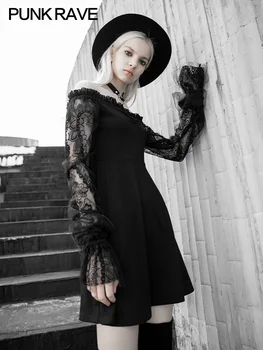 

PUNK RAVE Careful Little Black Dress Hepburn Skirt Elegant Sleeveless Lace Dress Gothic Long Sleeve Skirt