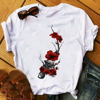

Women 2020 Cartoon Owl Flower Elegant Fashion T Shirt Womens Top Aesthetic Clothes Ladies Graphic Tshirts Female Tee T-Shirt