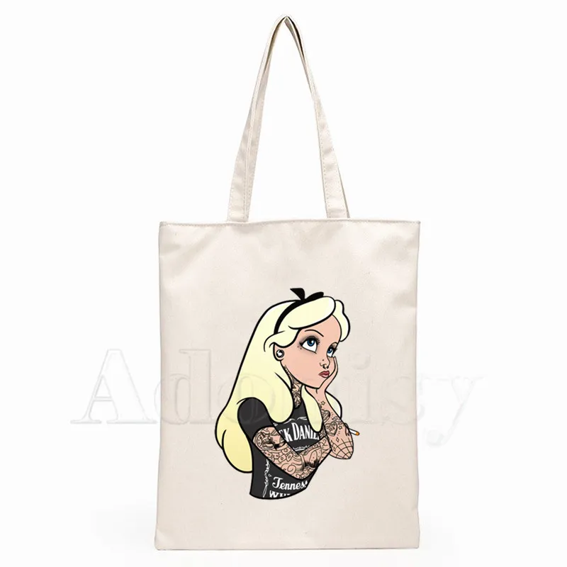Light Yellow Hair Tattoo Alice Princess Reusable Shopping Bag Women Canvas Tote Bags Printing Eco Bag Shopper Shoulder Bags