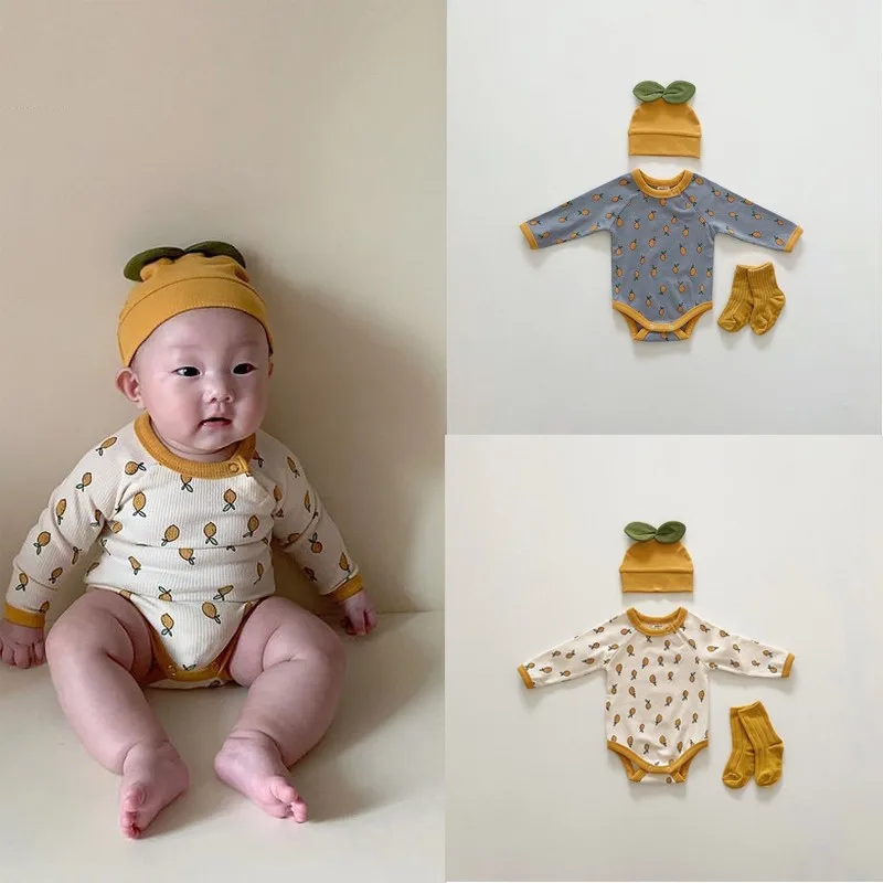 

New Born Baby Boys Long Sleeve Bodysuit 2020 Fashion Toddler Girls Much Lemon Print Clothes Spring Autumn Bodysuits And Hat 2pc