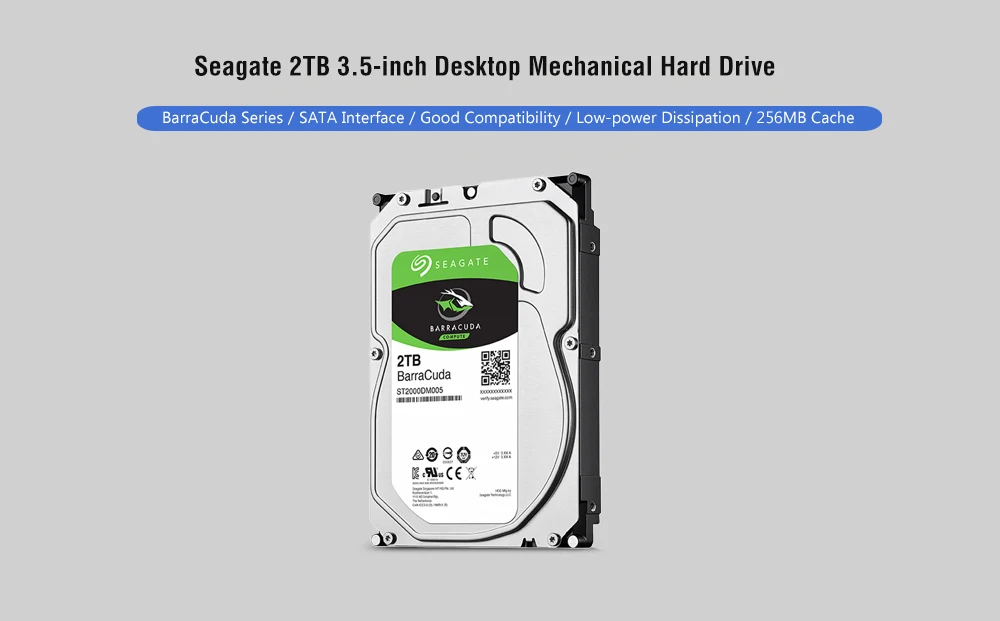 Seagate ST2000DM005 BarraCuda Series 2TB 3.5-inch Desktop Mechanical Hard Drive SATA Interface From Xiaomi youpin SATA 6Gb / s / Revolving Speed 5400rpm / 256MB Cache