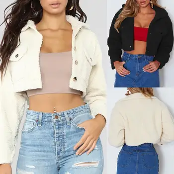 

Autumn and winter jacket ladies warm thick lapels solid color short plush jacket