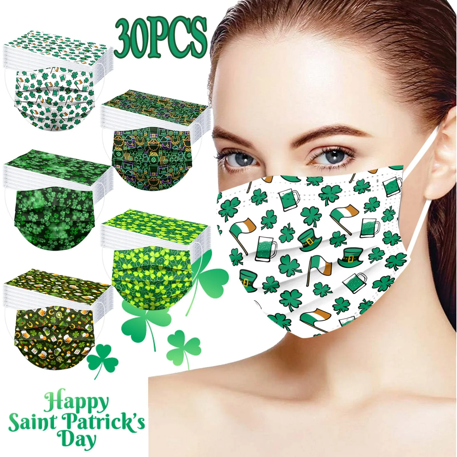 

30PCS Adult St. Patrick' Day Disposable Face Mask 3 Ply Earloop Anti-PM2.5 Masks New style woven mask Adult Three Layer Máscara