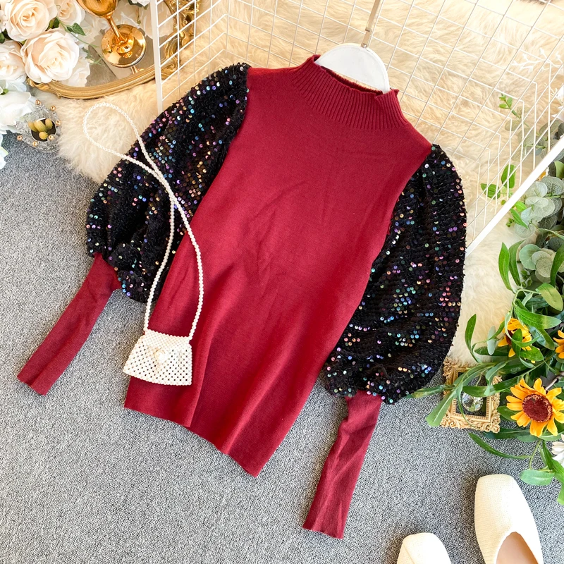 ALPHALMODA; модная блестящая обувь с длинным рукавом милые Вязание свитер Топ Фонари Лоскутная одежда с длинным рукавом дамы модный джемпер наряд