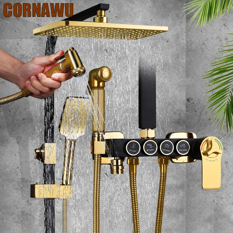 Black Gold Shower System Set Thermostatic Bathroom Tap Intelligent Digital Rainfall Shower