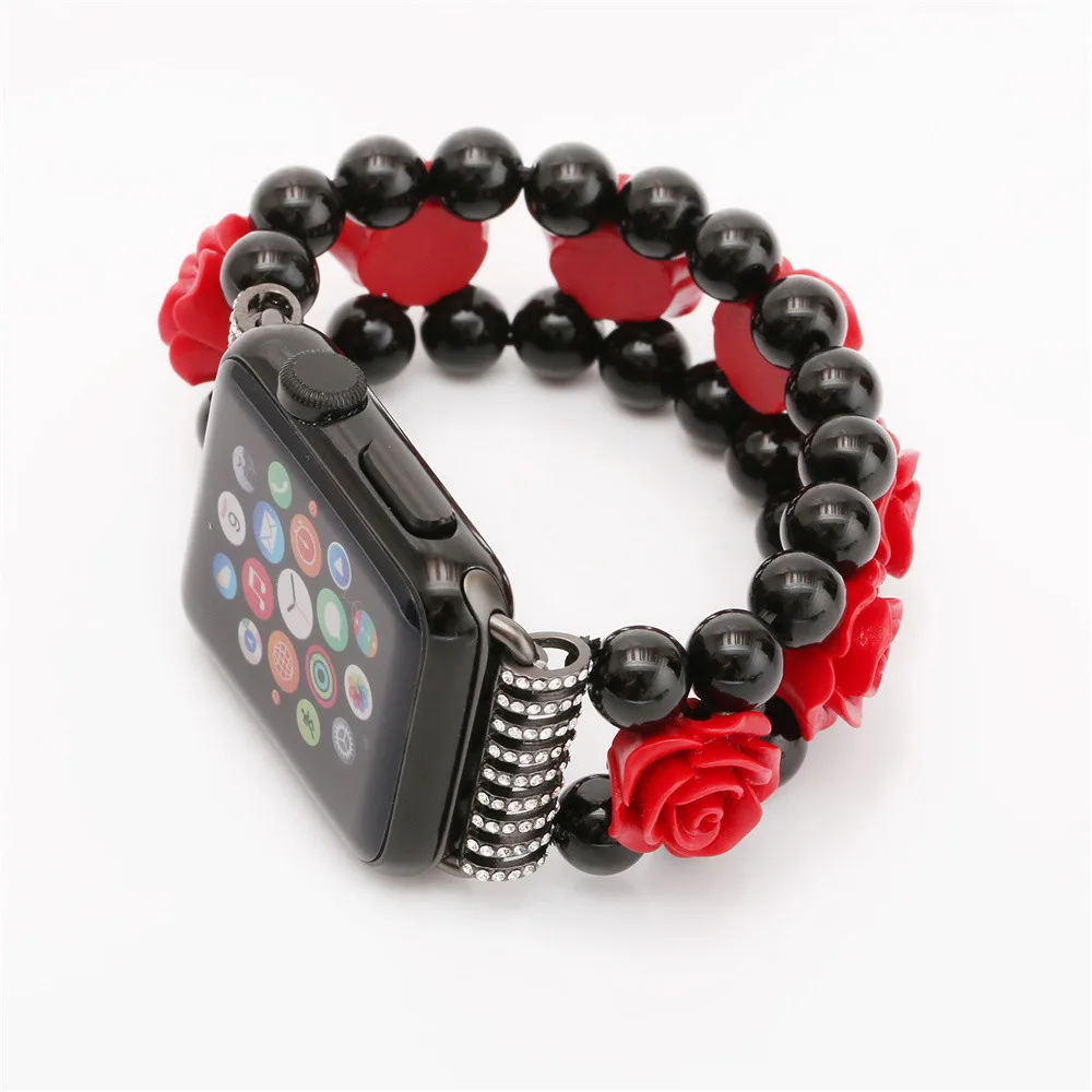 Браслет цепочка с бусинами из черного агата для Apple Watch Band Series SE/6/5/4/3/2 Женский