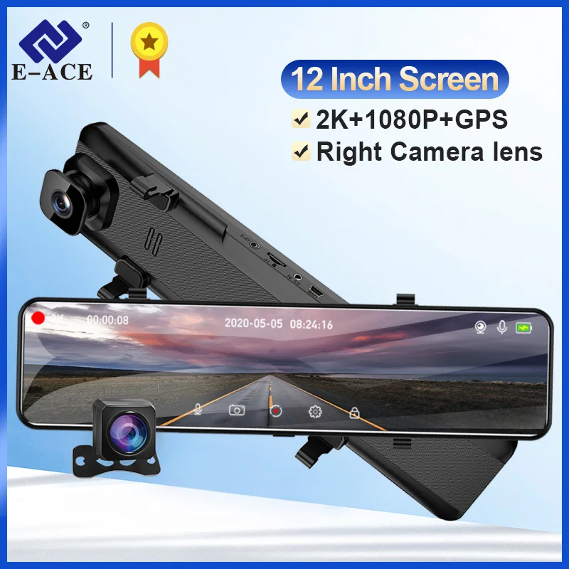 E ACE A46 12 дюймов сенсорный Автомобильный видеорегистратор зеркало 1440P Dashcam