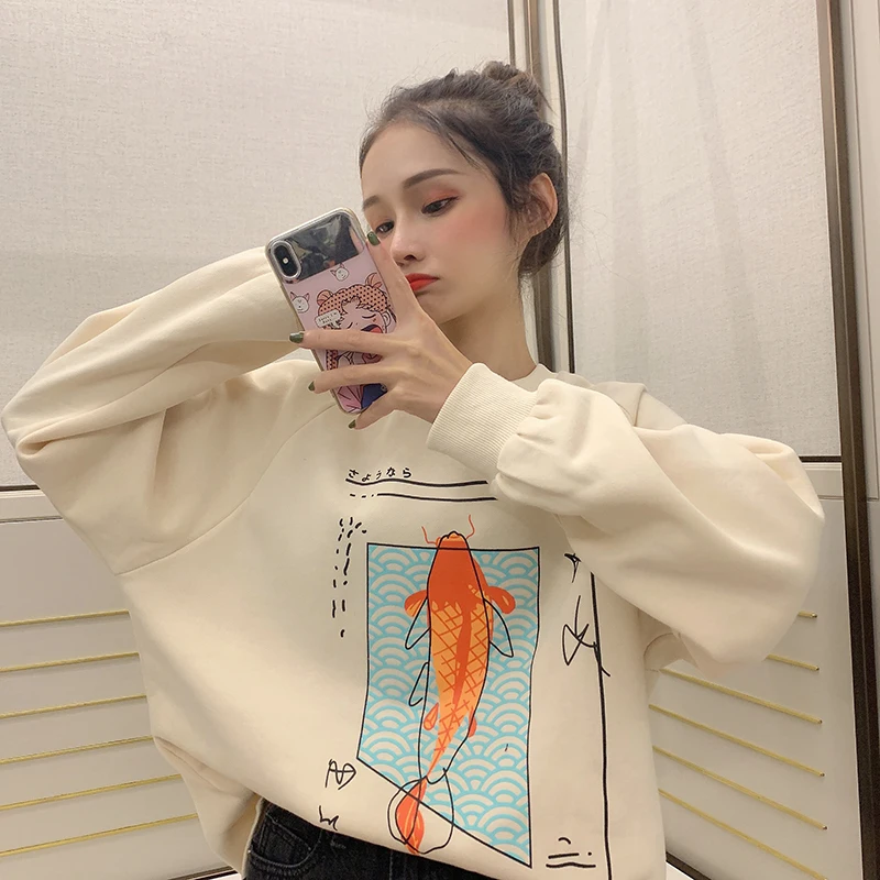 Женские кофты японский Harajuku Ulzzang Koi с длинным рукавом свободный свитер женский корейский кавайный милый одежда для женщин