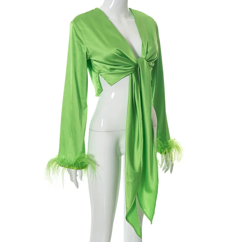 ArtSu Front Bow Tie Up Sexy Slim Women Bandage Shirt Low Cut Long Sleeve With Furry Feathers Green Satin Crop Top Clubwear vintage t shirts