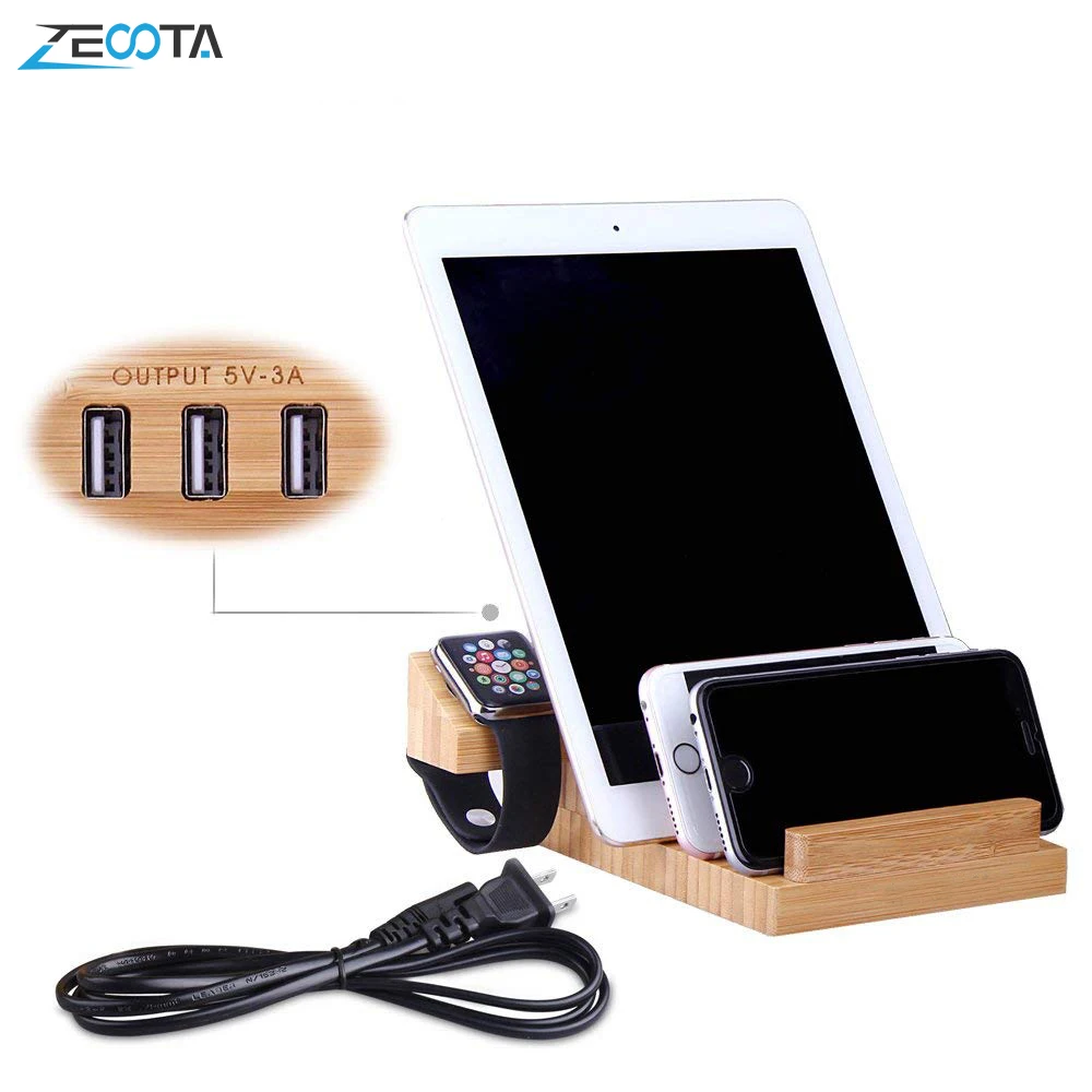 USB Charging Station Bamboo Wood Tablet Charger Multi Dock Watch