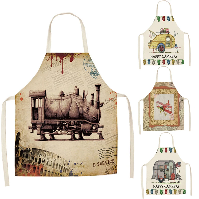 

Kitchen Apron Train Car Printed Sleeveless Transportation Cotton Linen Aprons for Men Women Home Cleaning Tools