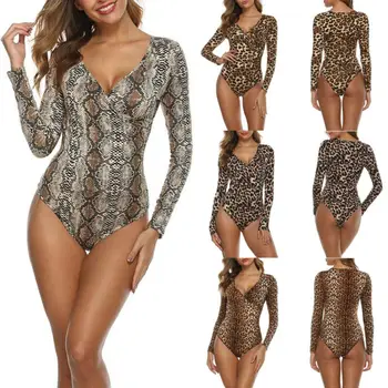 

Women's Leopard Long Sleeve T Shirt Romper Jumpsuit Bodysuit Leotard Tops Blouse