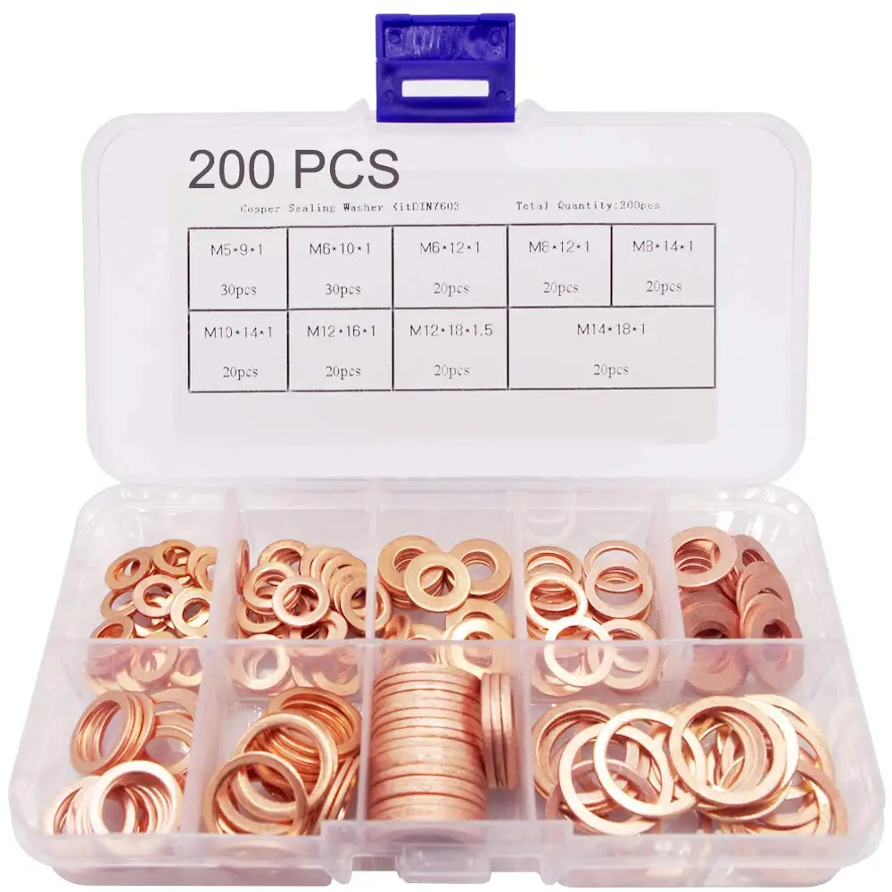 200Pcs Copper Washer Gasket Nut and Bolt Set Flat Ring Seal Assortment Kit with Box //M8/M10/M12/M14 for Sump Plugs Copp | Строительство