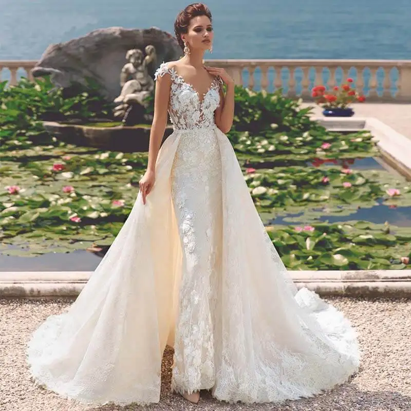 Luxury Detachable Train Lace Mermaid Wedding Dresses 2019 Elegant Scoop Neck Appliques Flowers Vintage (1)